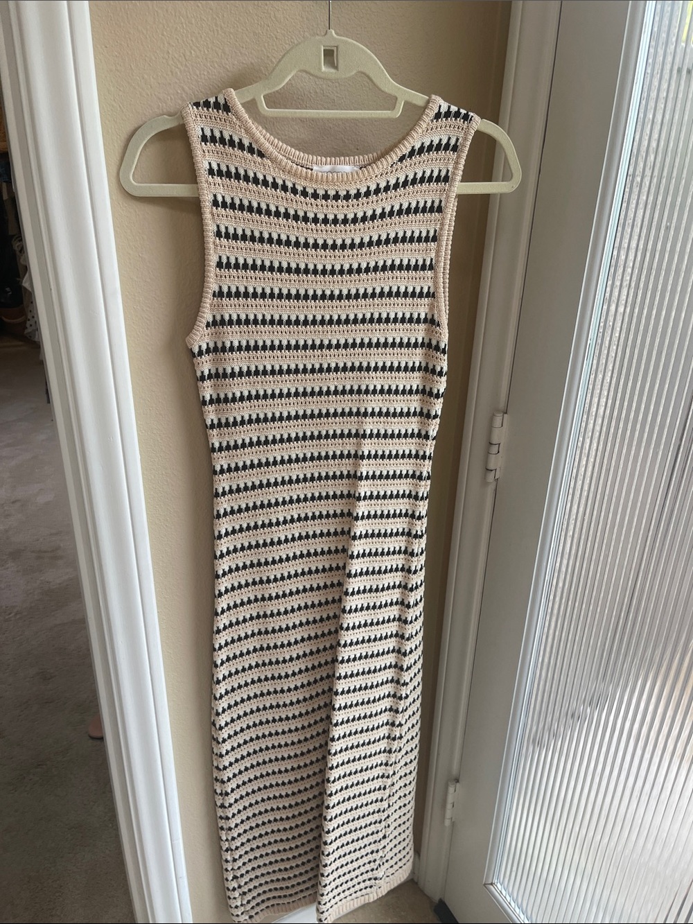 Sleeveless Black and Cream Striped Knit Maxi Dress